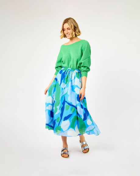 Blue-Water-Lily-Print-Sargasso-Lined-Midi-Skirt