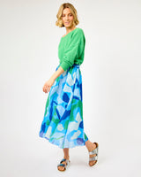 Blue Water Lily Print Sargasso Lined Midi Skirt