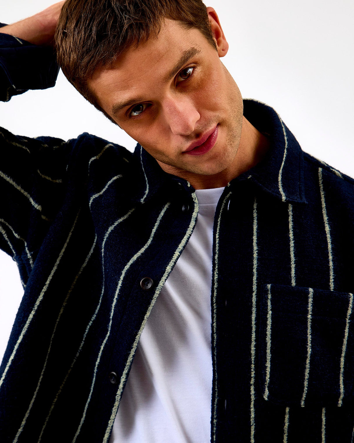 Dark Navy Lennon Wool Pinstripe Overshirt