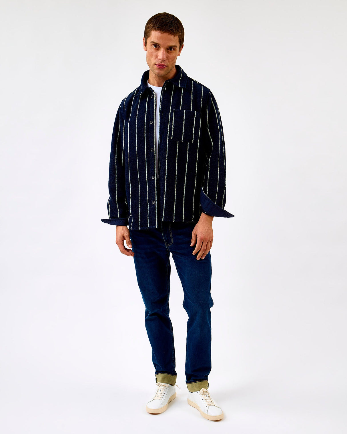 Dark Navy Lennon Wool Pinstripe Overshirt