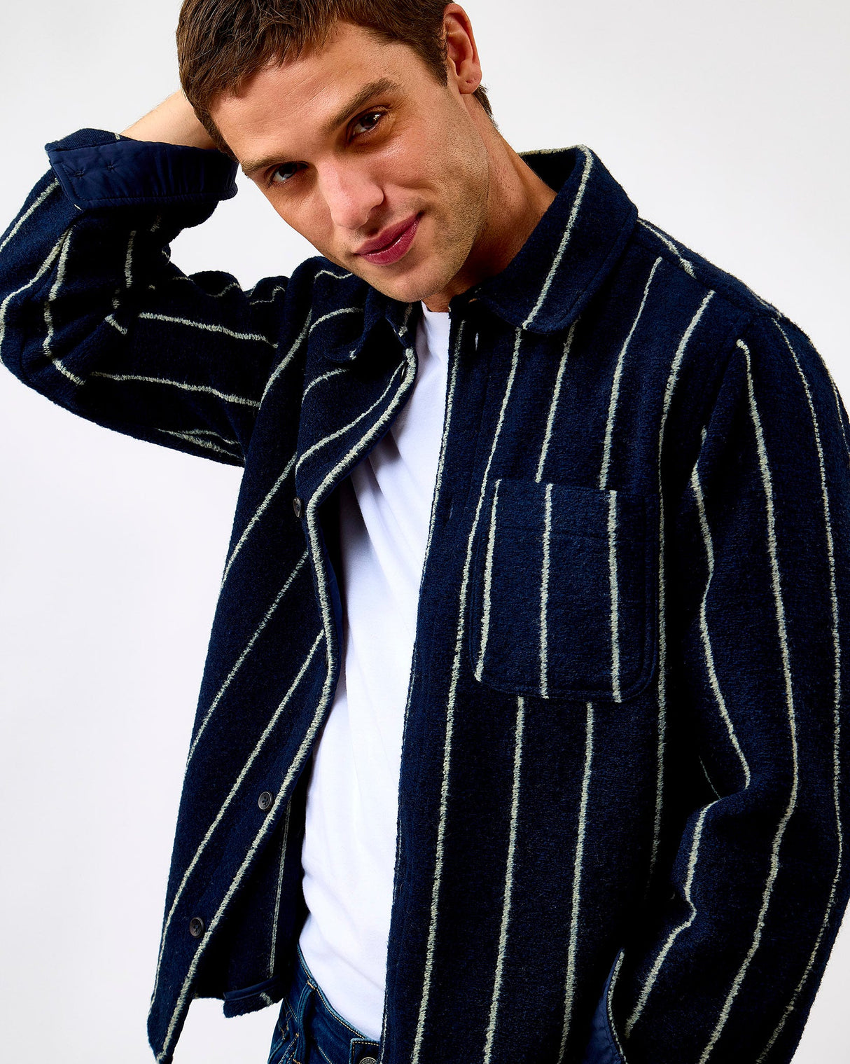 Dark Navy Lennon Wool Pinstripe Overshirt