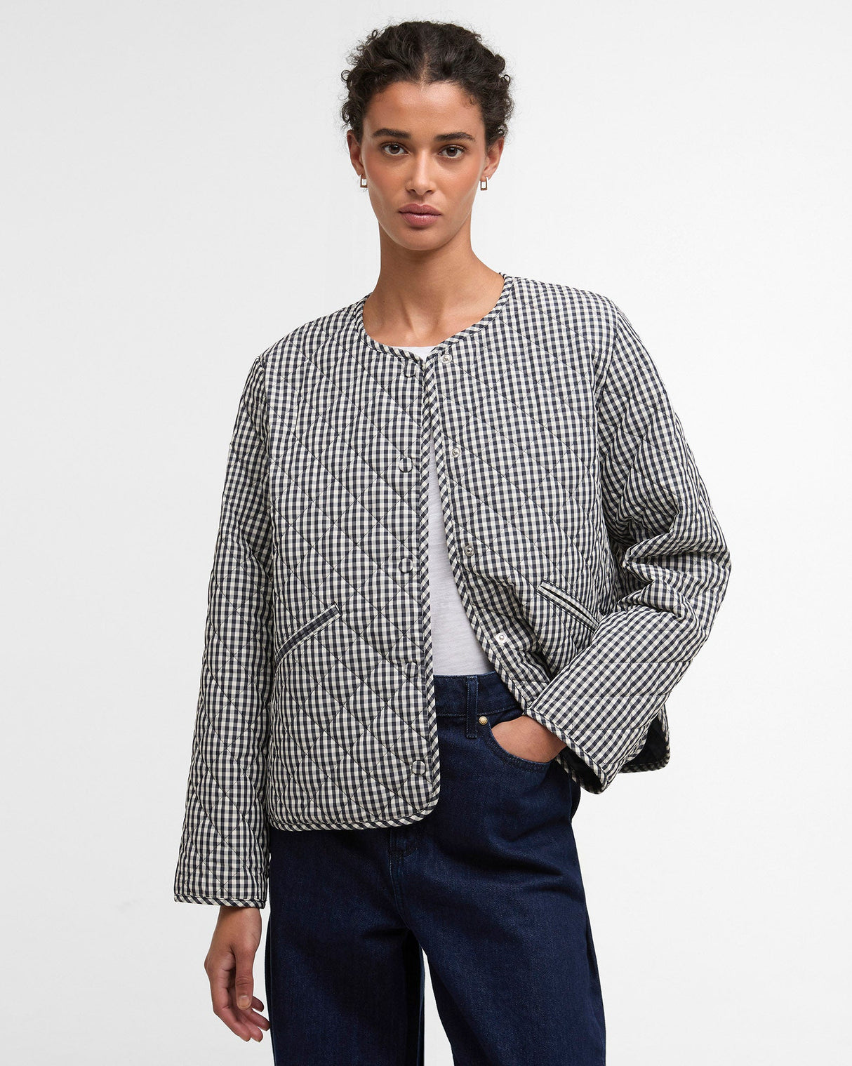 Navy-Gingham-Cashel-Collarless-Quilted-Coat