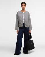Navy Gingham Cashel Collarless Quilted Coat