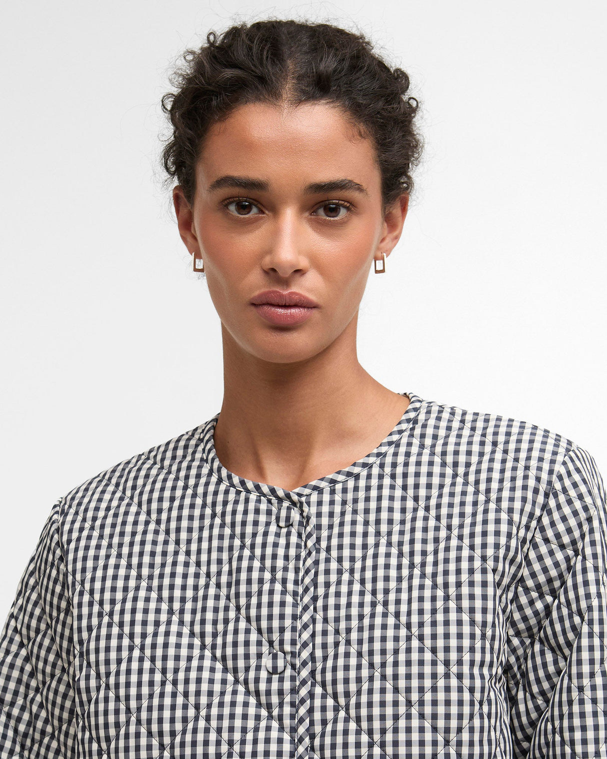Navy Gingham Cashel Collarless Quilted Coat