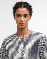 Navy Gingham Cashel Collarless Quilted Coat