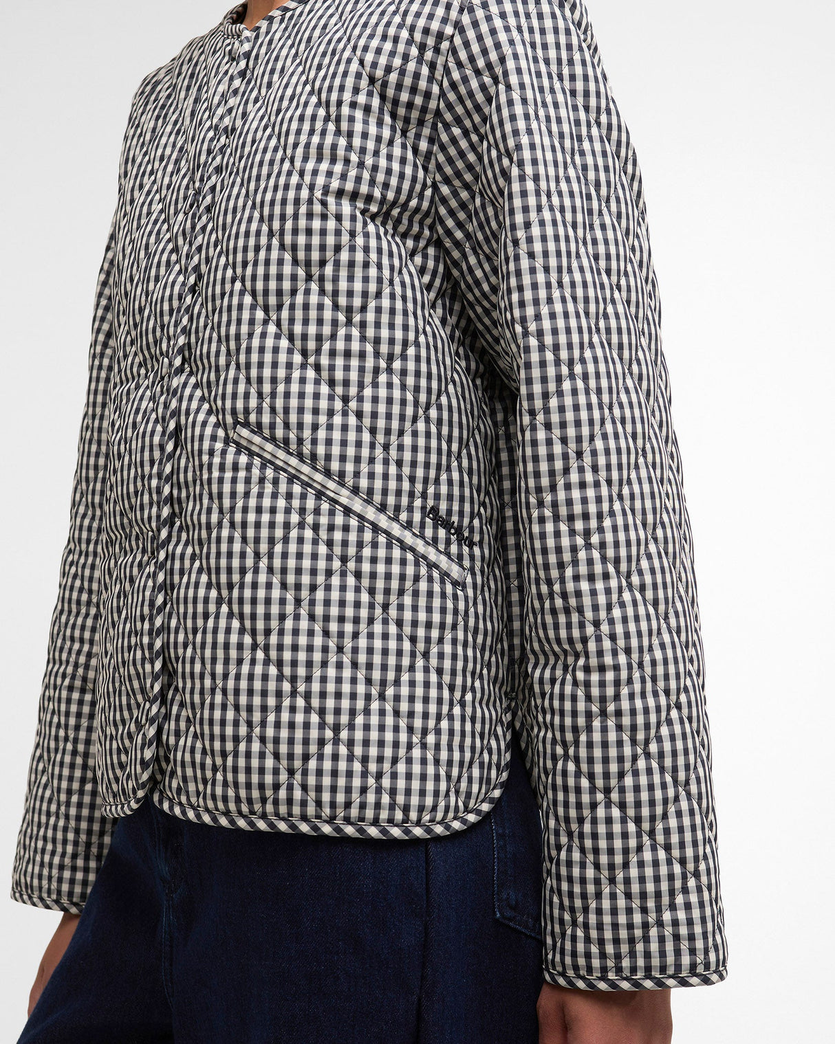 Navy Gingham Cashel Collarless Quilted Coat
