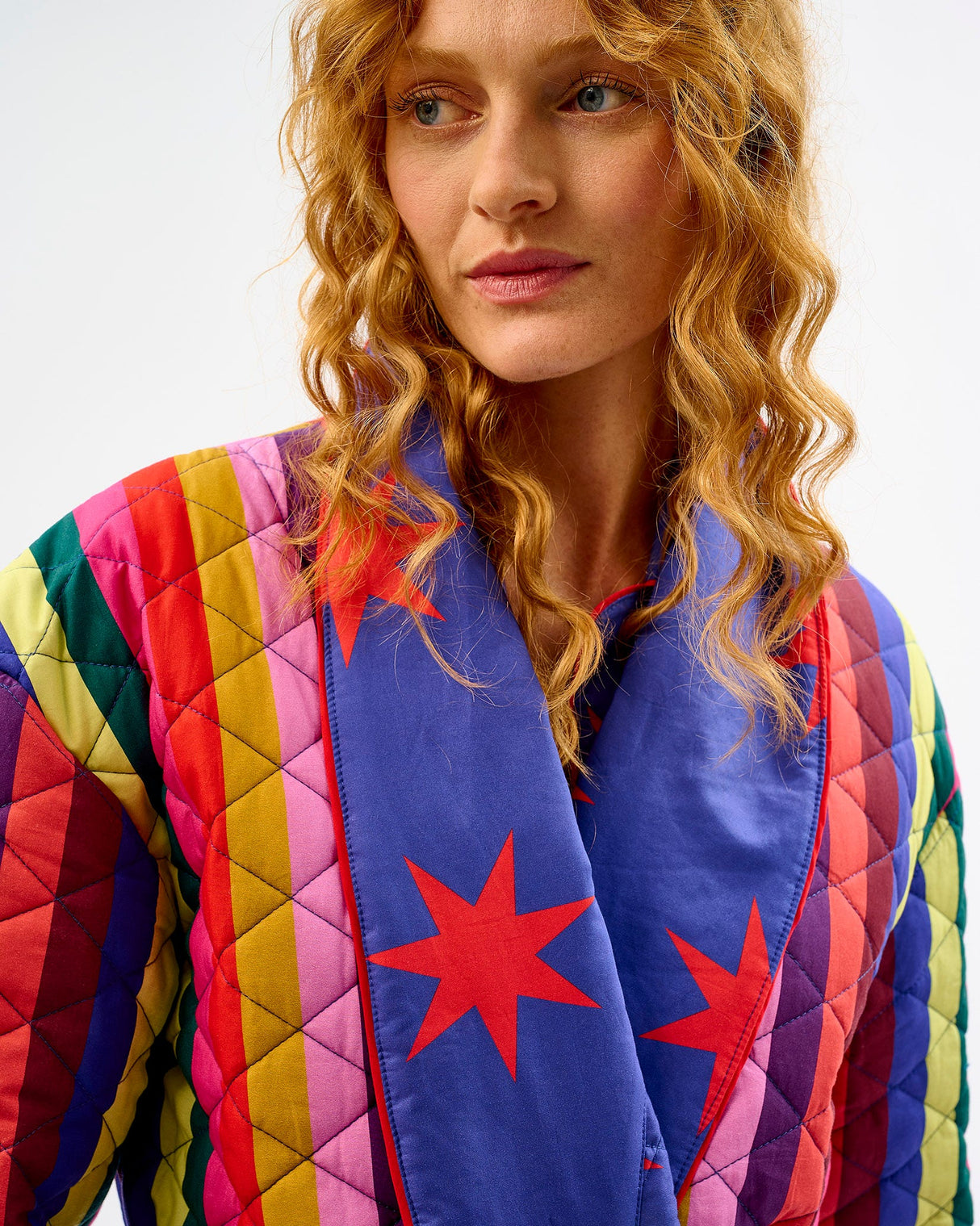 Multicolour Stripes & Red Stars Quilted Cotton Dressing Gown