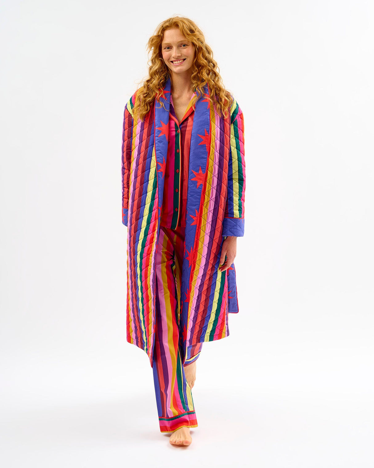 Multicolour Stripes & Red Stars Quilted Cotton Dressing Gown
