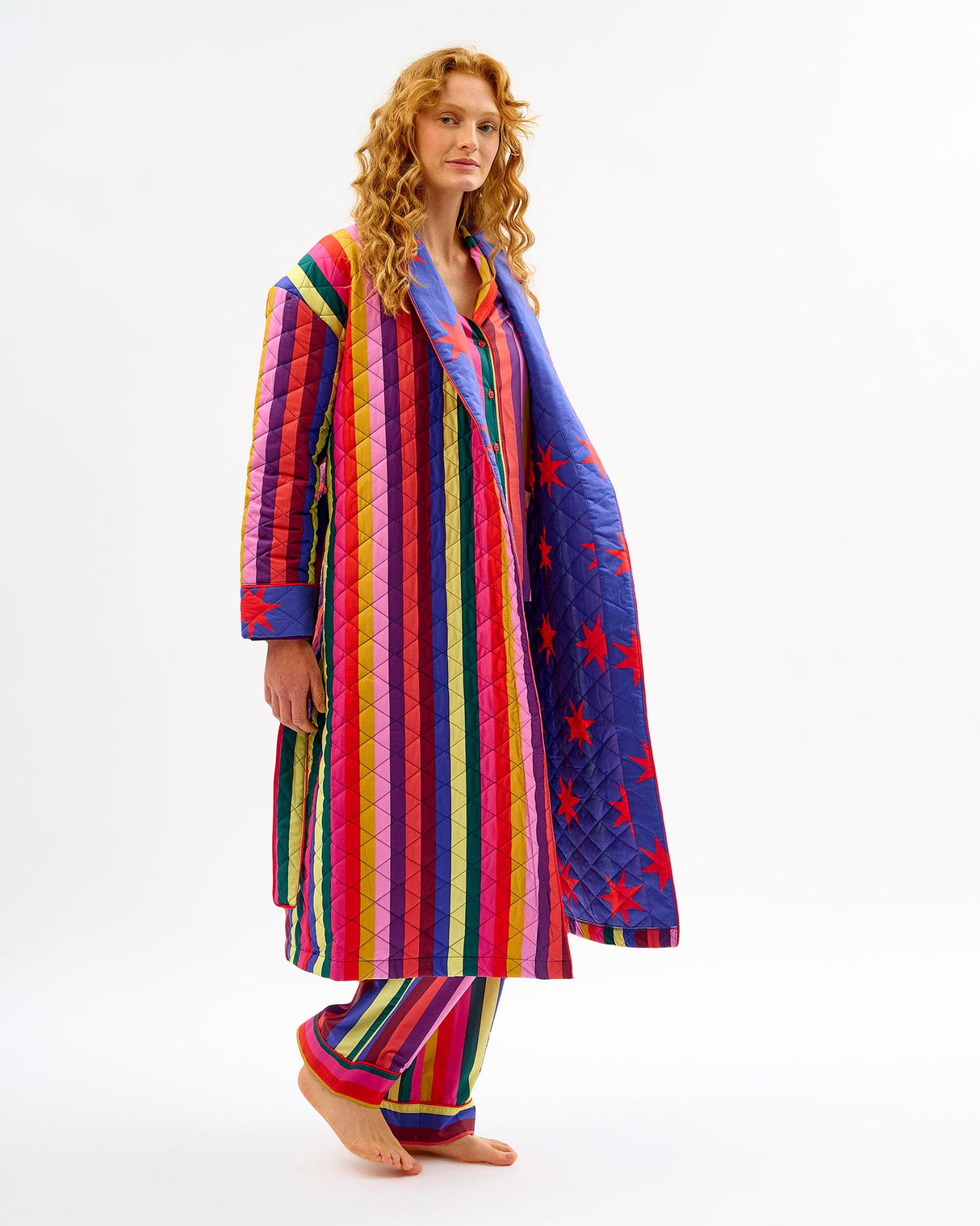 Multicolour Stripes & Red Stars Quilted Cotton Dressing Gown