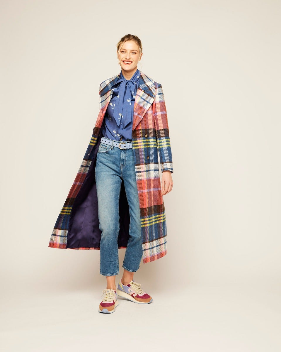Multicolour Check Sky Lambswool Coat
