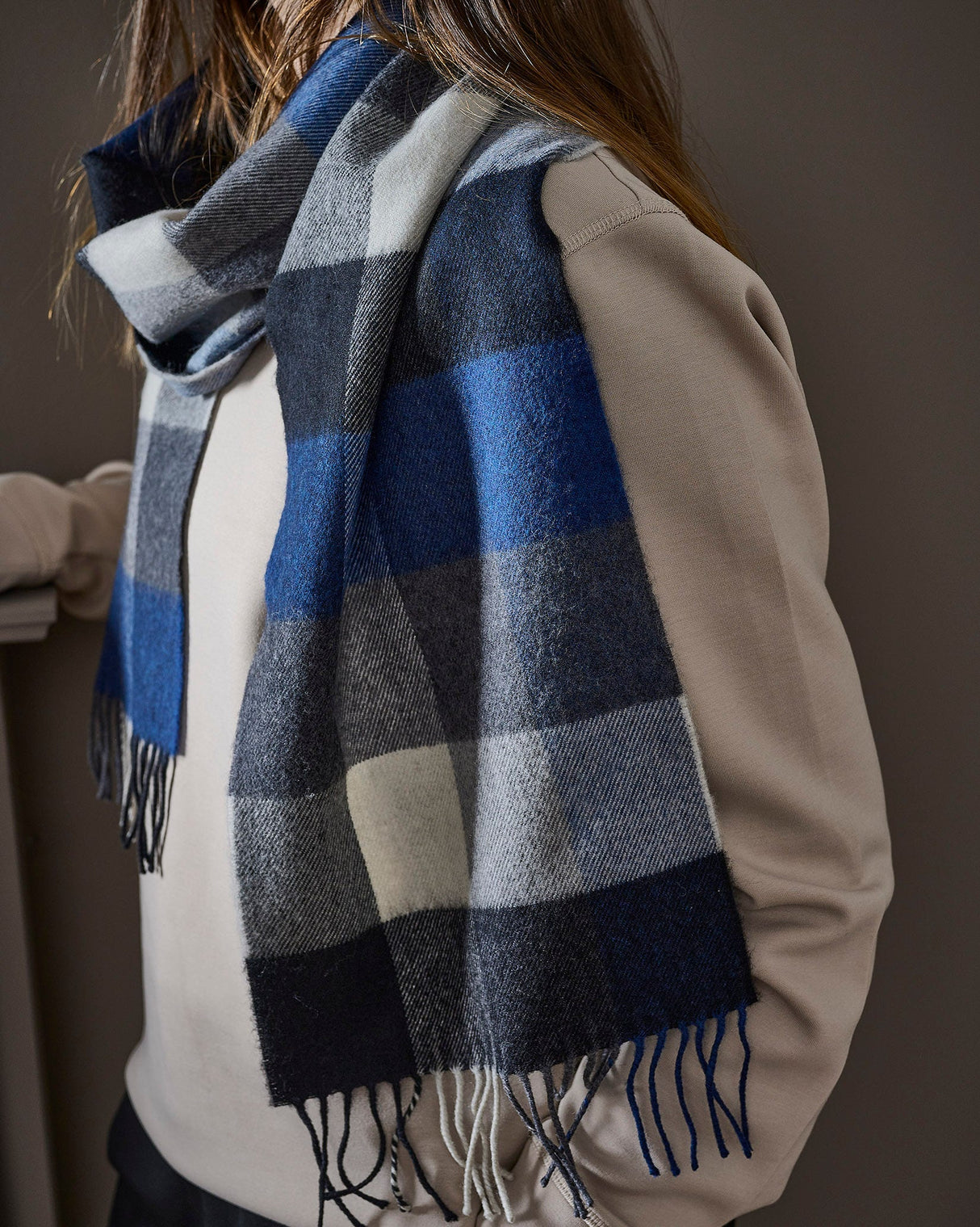 Navy & Grey Check Merino Scarf