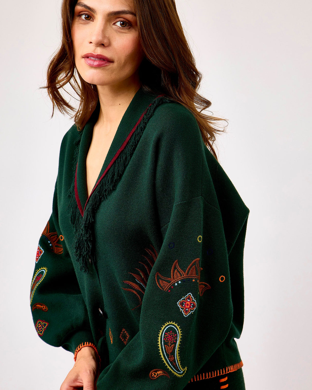 Bottle Green Embroidered Safari Cardigan