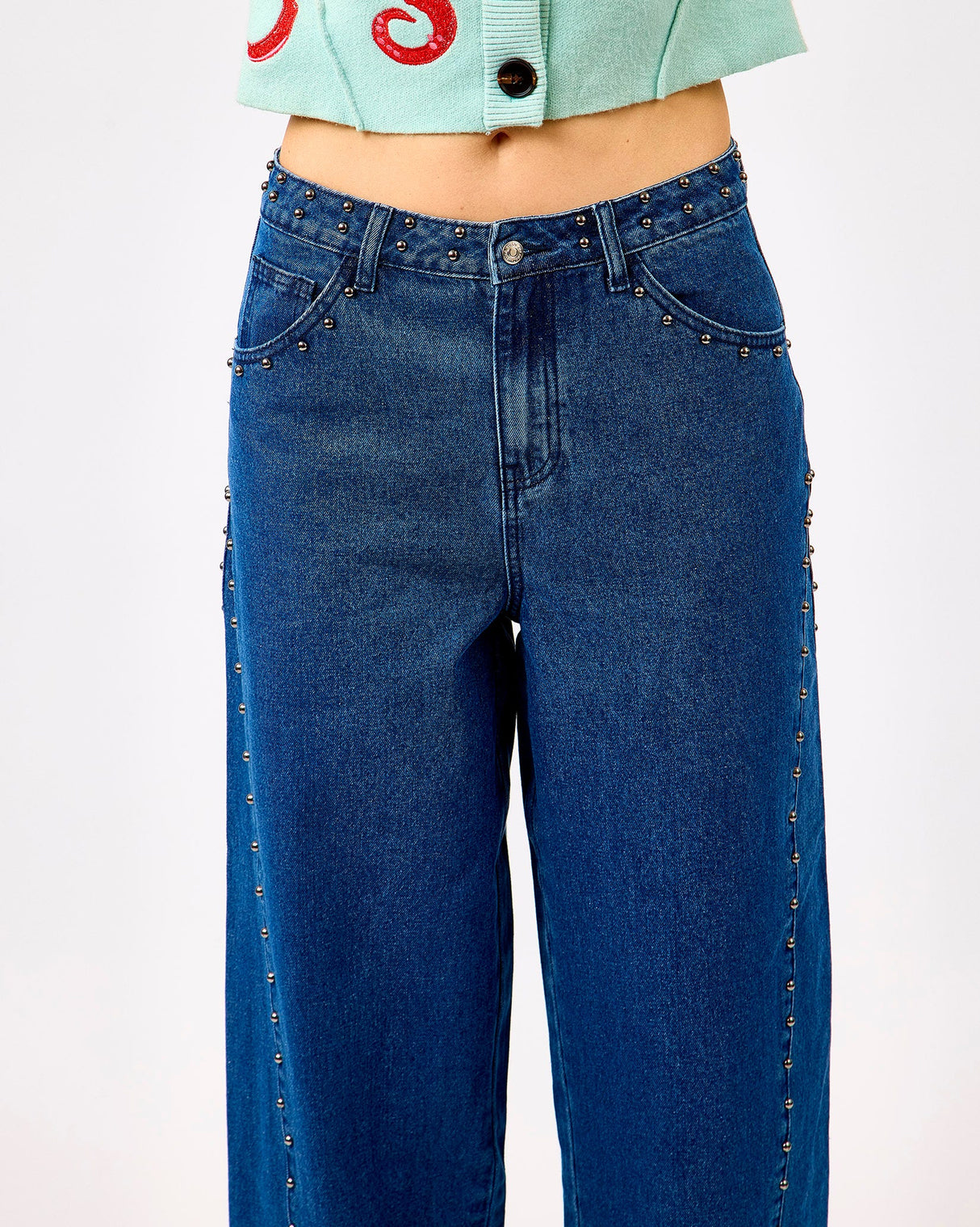 Blue Studded Barrel Jeans