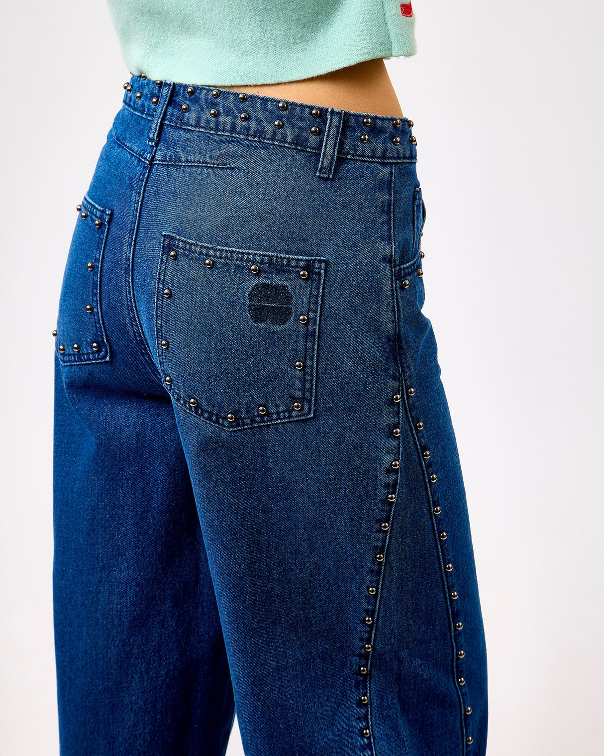Blue Studded Barrel Jeans