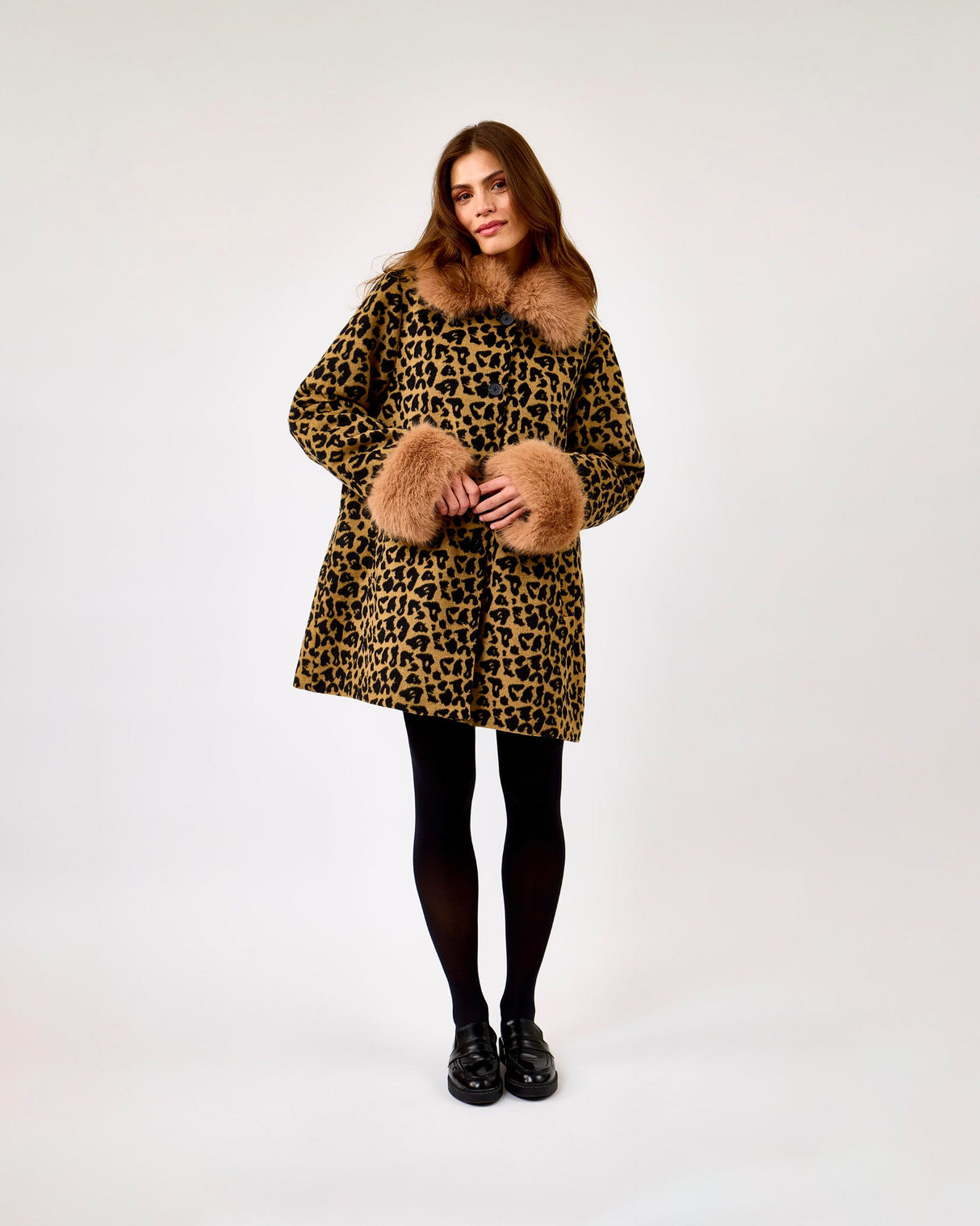 Leopard-PrintFaux-Fur-Trim-Coat