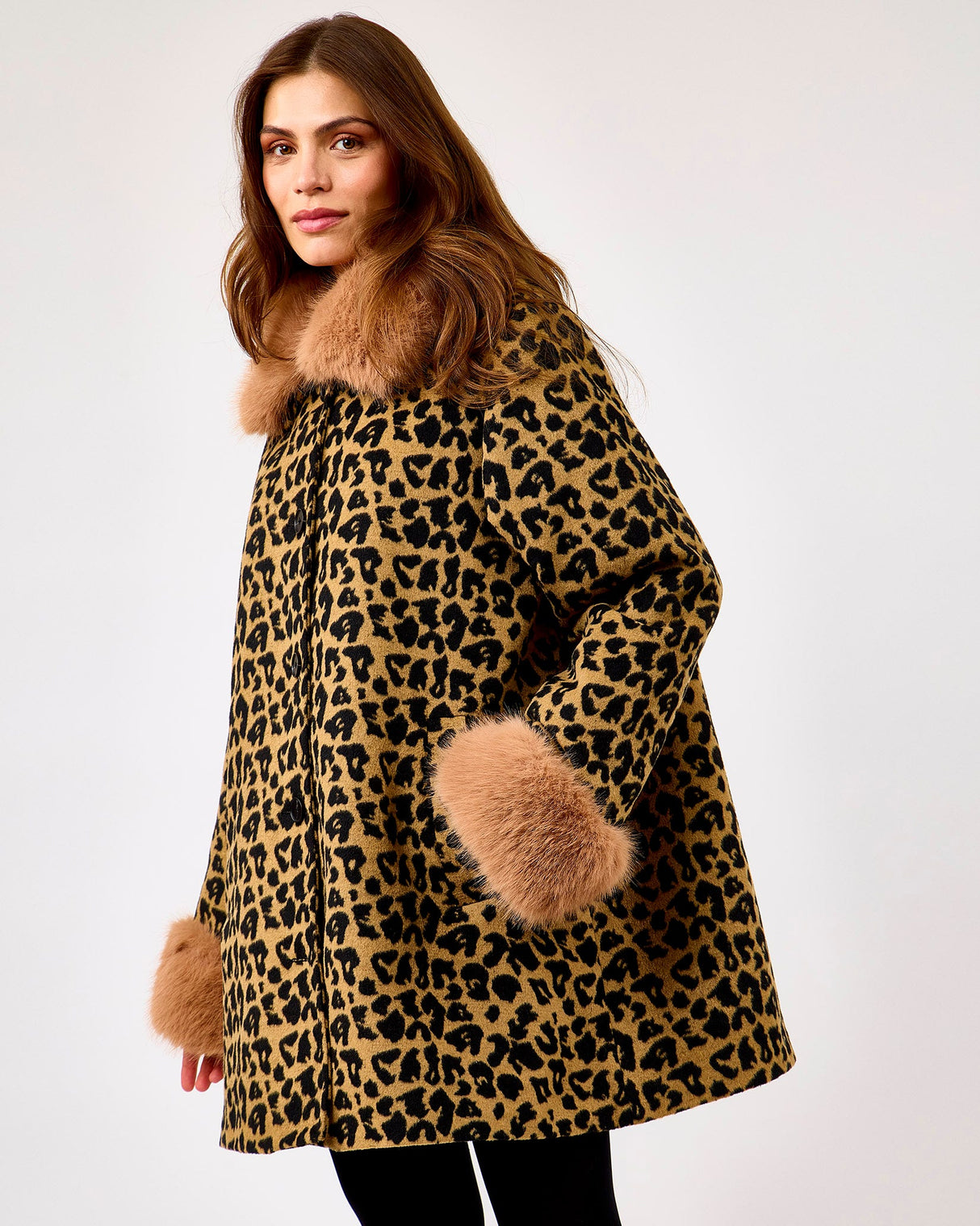 Leopard Print & Faux Fur Trim Coat