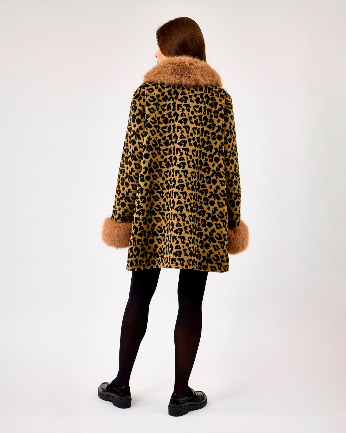Leopard Print & Faux Fur Trim Coat