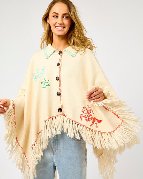 Cream-Western-Print-Knitted-Cape-