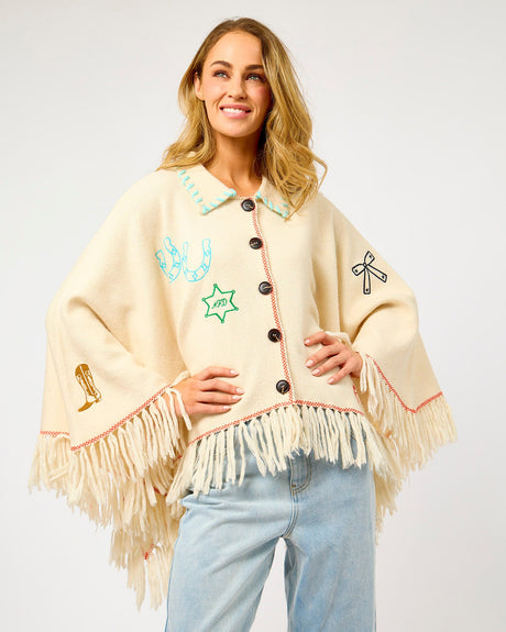 Cream-Western-Print-Knitted-Cape-