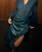 Bottle-Green-Faux-Leather-Ruffle-Skirt