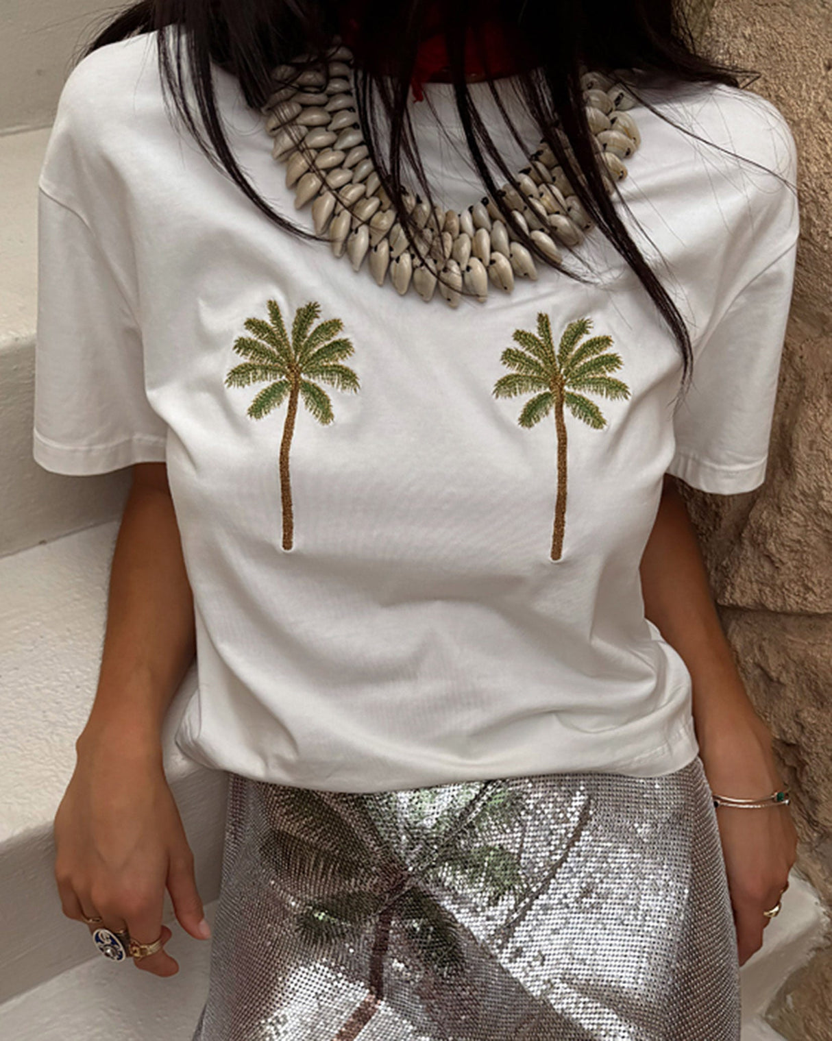 White Embroidered Palm T-Shirt