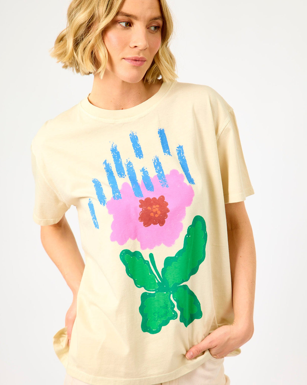 Cream Floral Print Pistia Cotton T-Shirt