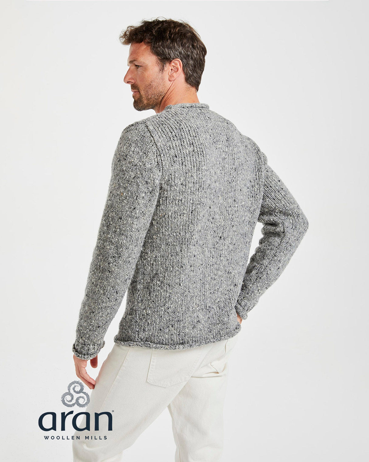 Grey-Aran-Donegal-Tweed-Roll-Neck-Knit-Sweater