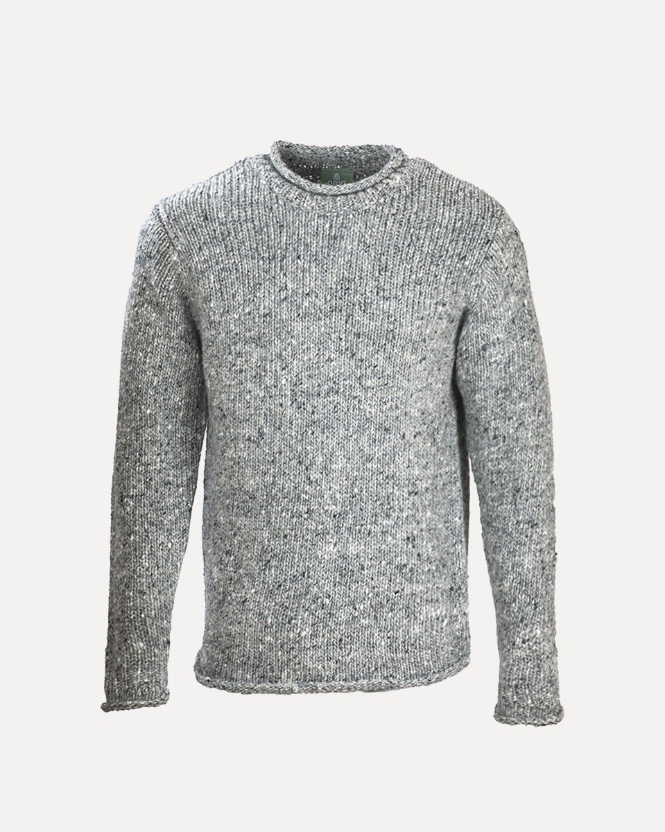 Grey Aran Donegal Tweed Roll Neck Knit Sweater
