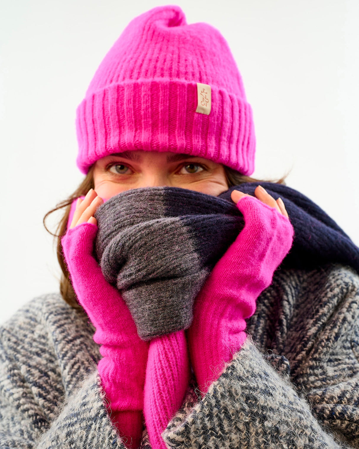 Navy & Neon Pink Brushed Lambswool Stripe Scarf