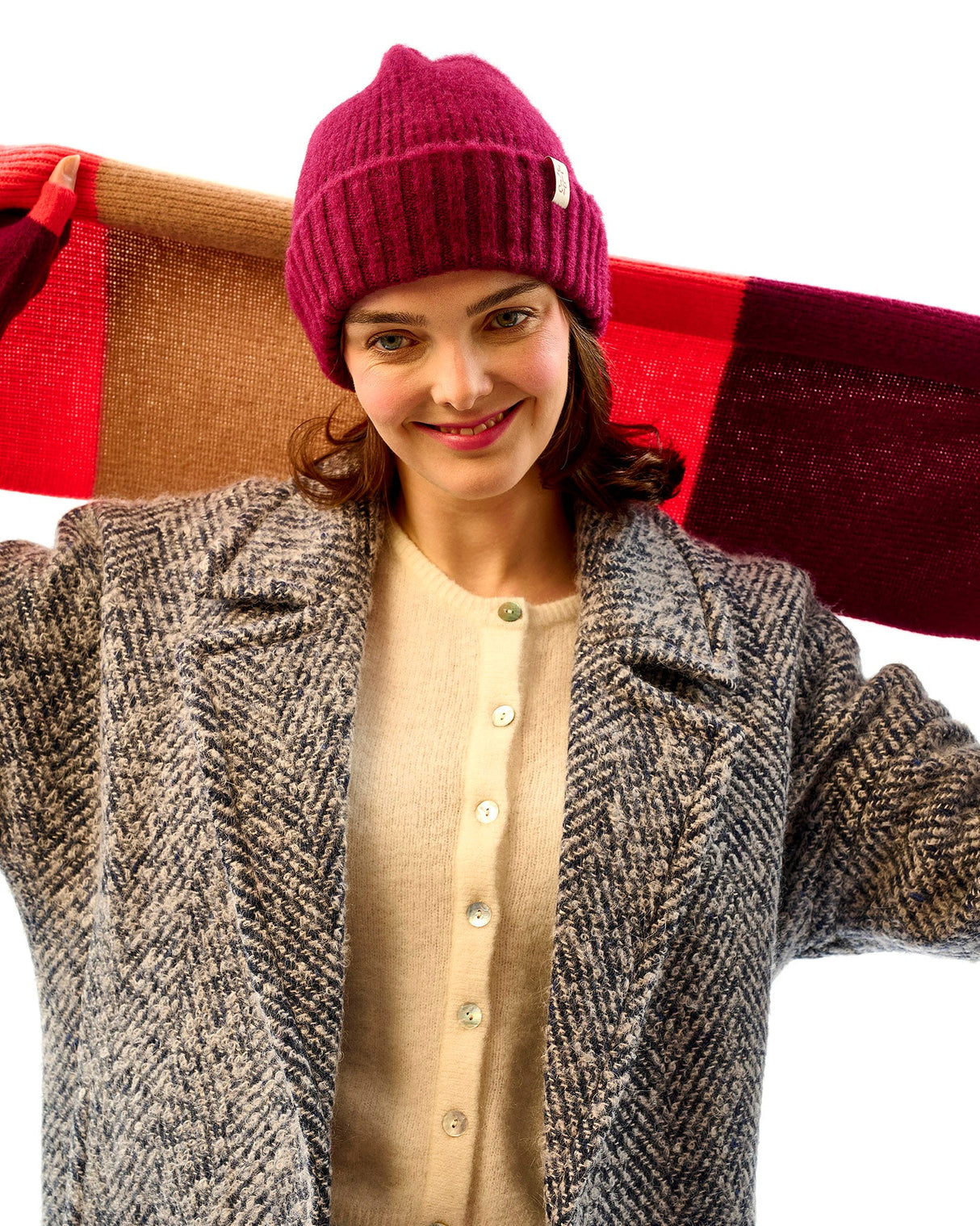 Neon Orange & Bordeaux Brushed Lambswool Stripe Scarf