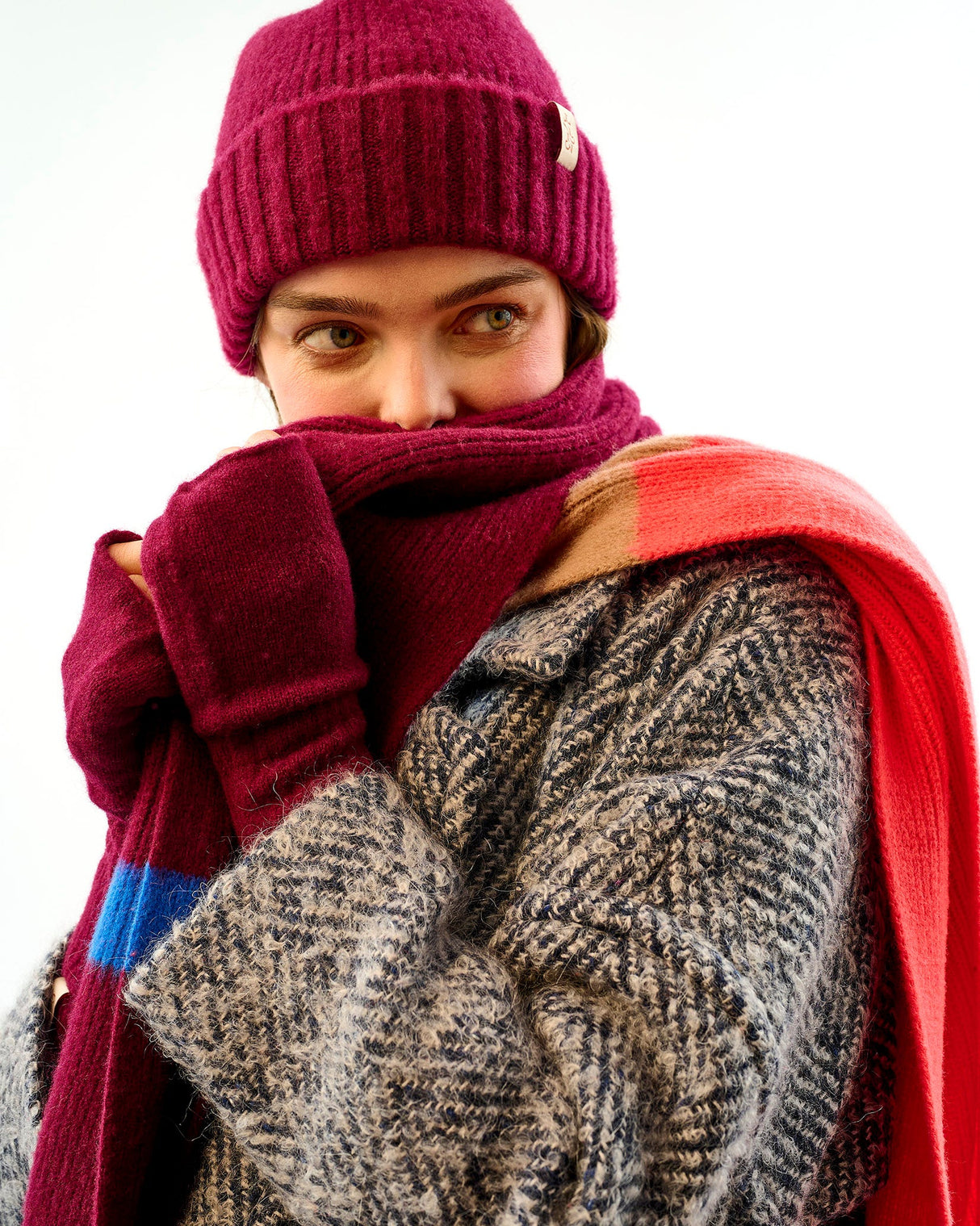 Bordeaux-Neon-Orange-Lambswool-Fingerless-Mittens