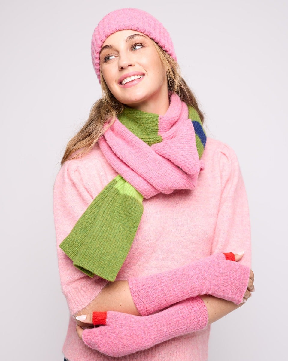 Nougat Pink & Tartan Lambswool Fingerless Mittens