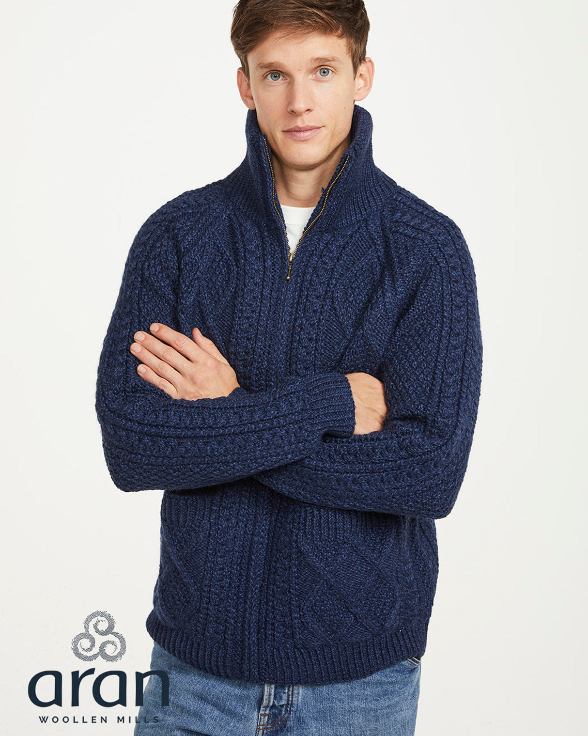 Navy Aran Merino Wool Zip Knit Cardigan