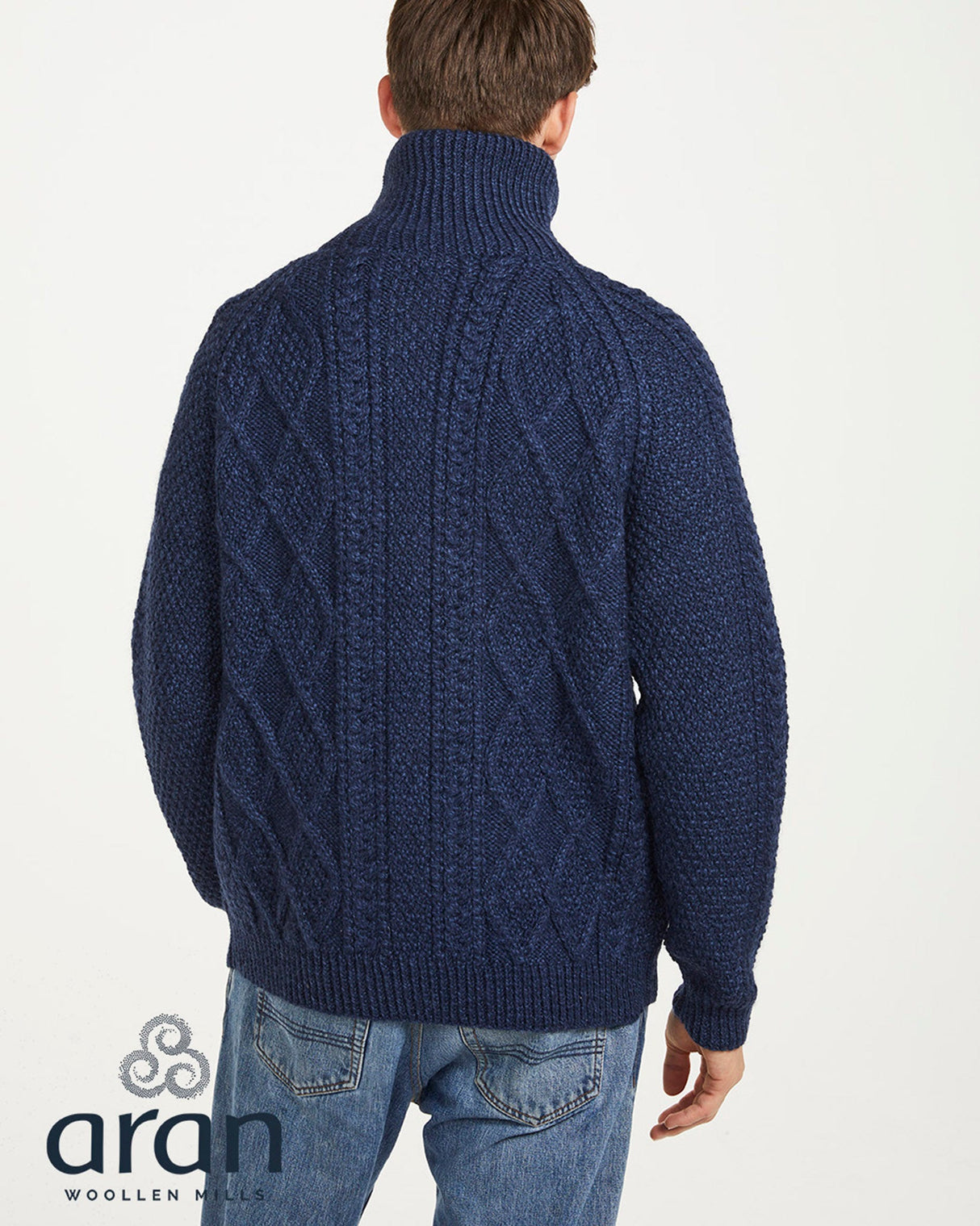 Navy Aran Merino Wool Zip Knit Cardigan