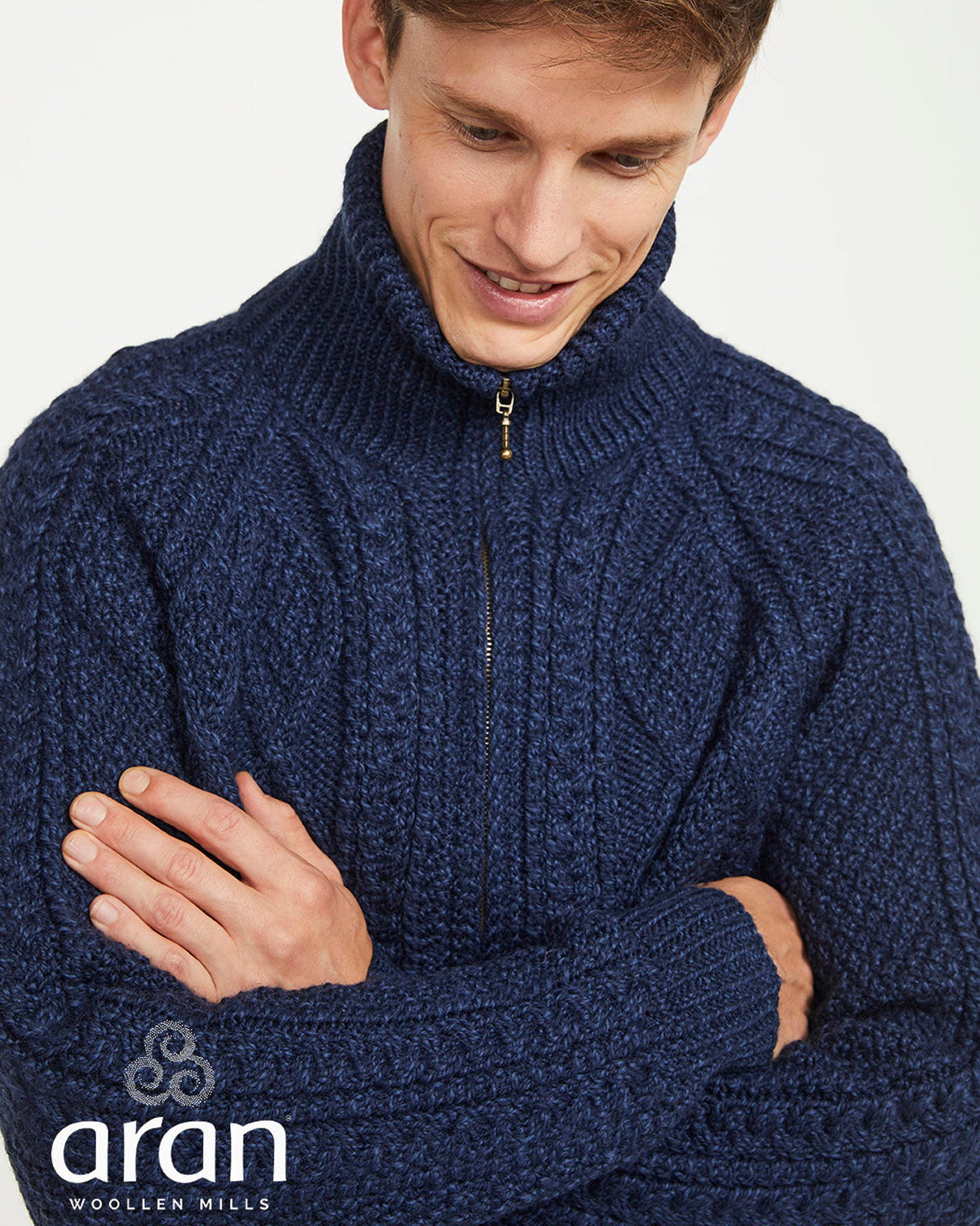 Navy Aran Merino Wool Zip Knit Cardigan