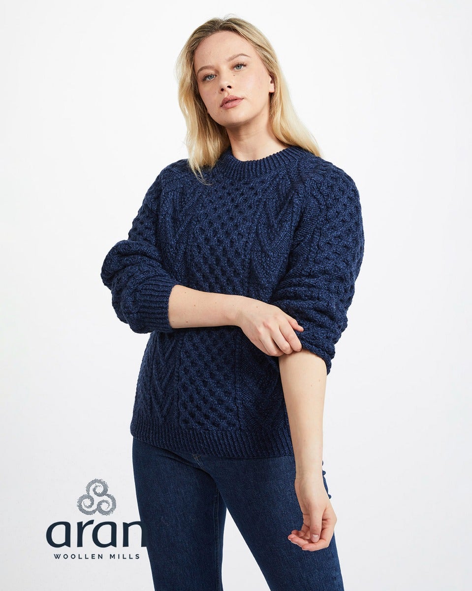 Navy Aran Merino Wool Honeycomb Knit Sweater