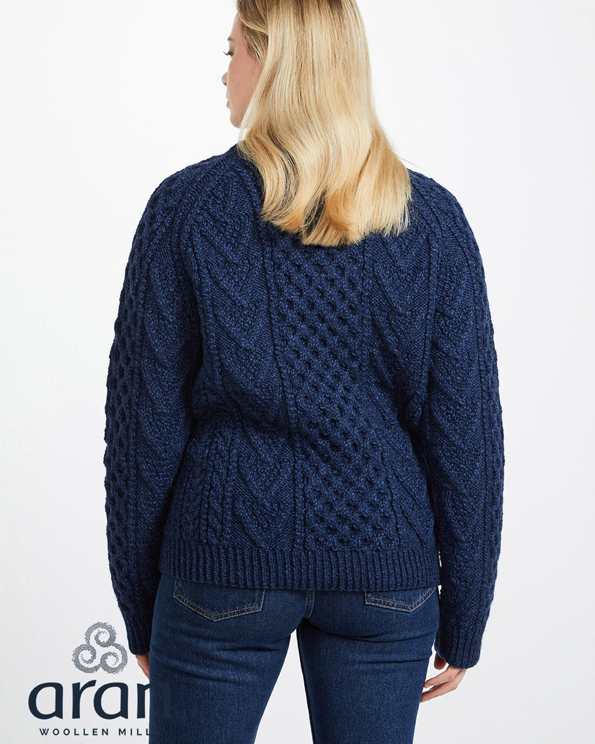 Navy Aran Merino Wool Honeycomb Knit Sweater