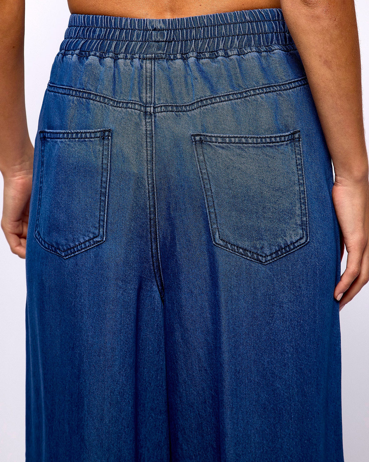 Navy Blue Satine Wide Leg Chambray Trousers