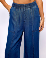 Navy Blue Satine Wide Leg Chambray Trousers