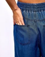 Navy Blue Satine Wide Leg Chambray Trousers