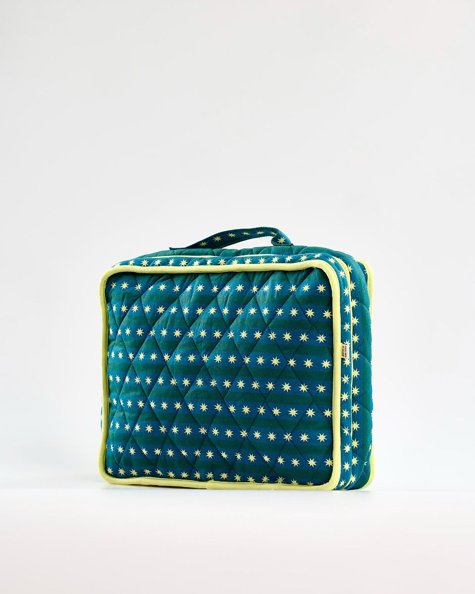 Teal Stripes & Stars Cotton Large Cosmetic Bag
