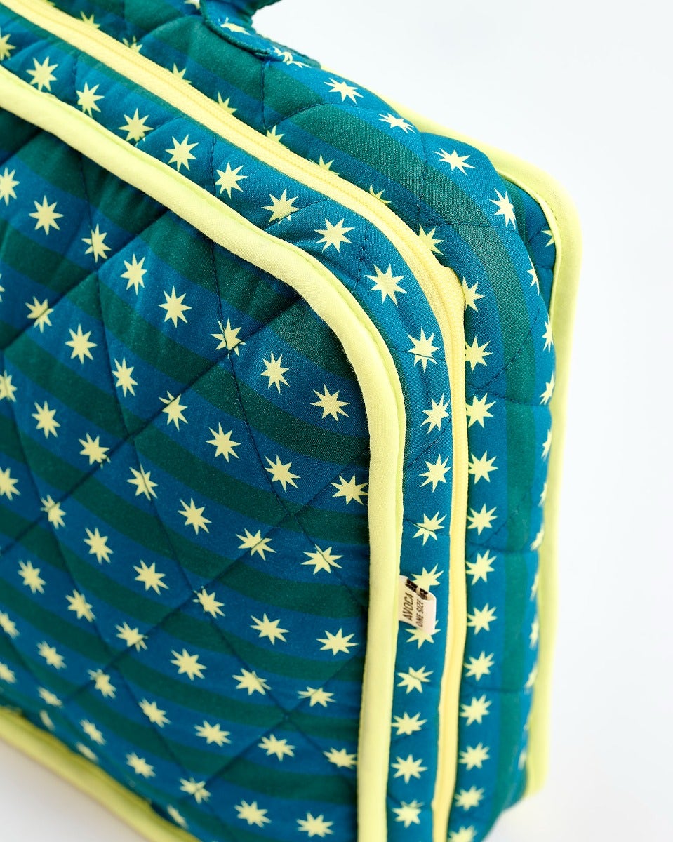 Teal Stripes & Stars Cotton Large Cosmetic Bag