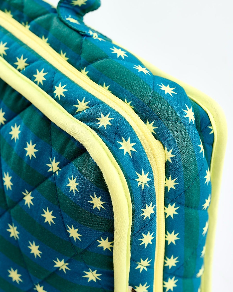 Teal Stripes & Stars Cotton Large Cosmetic Bag