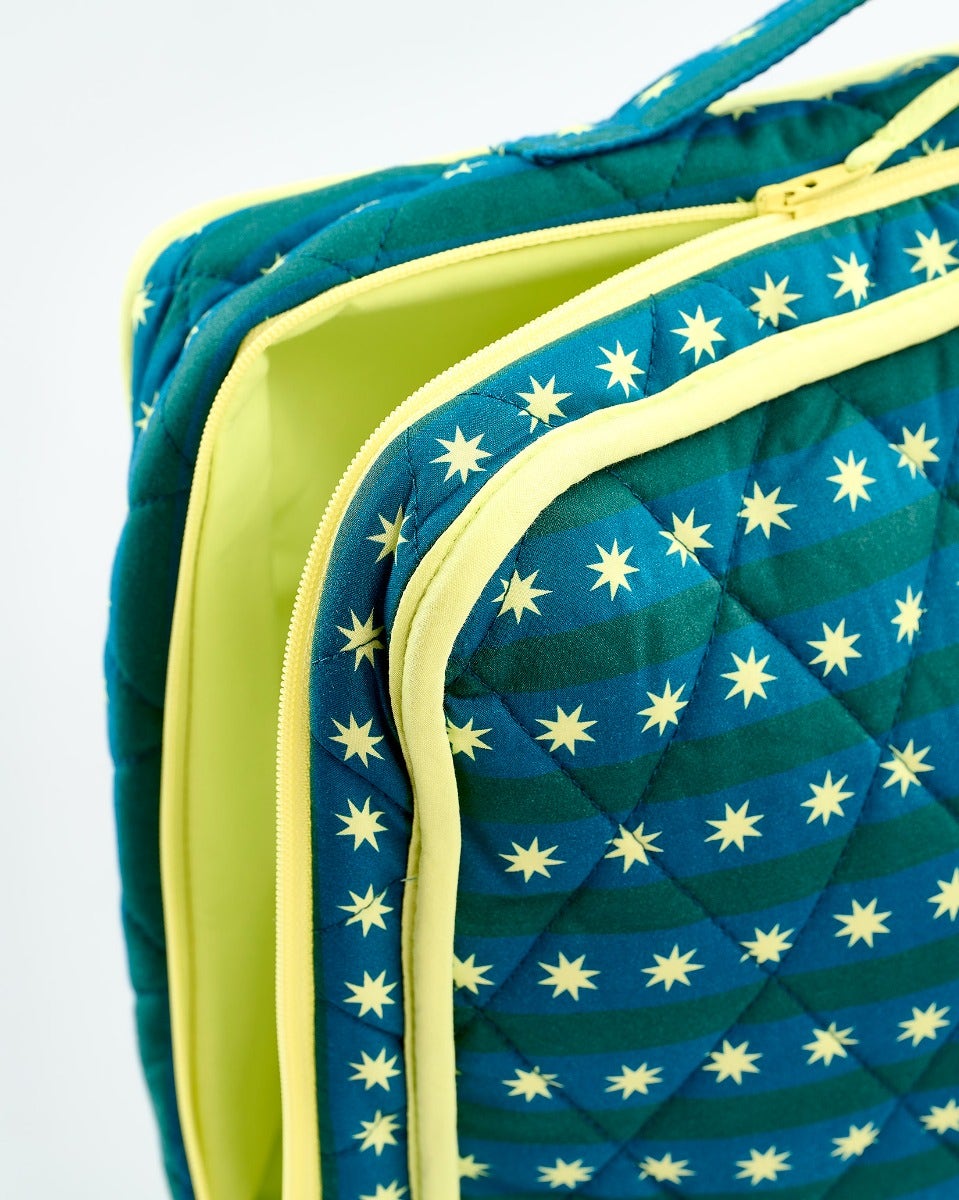 Teal Stripes & Stars Cotton Large Cosmetic Bag