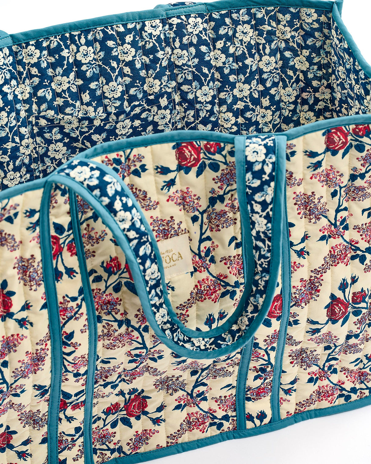 Orange Rose & Mini Floral Navy Quilted Cotton Tote Bag