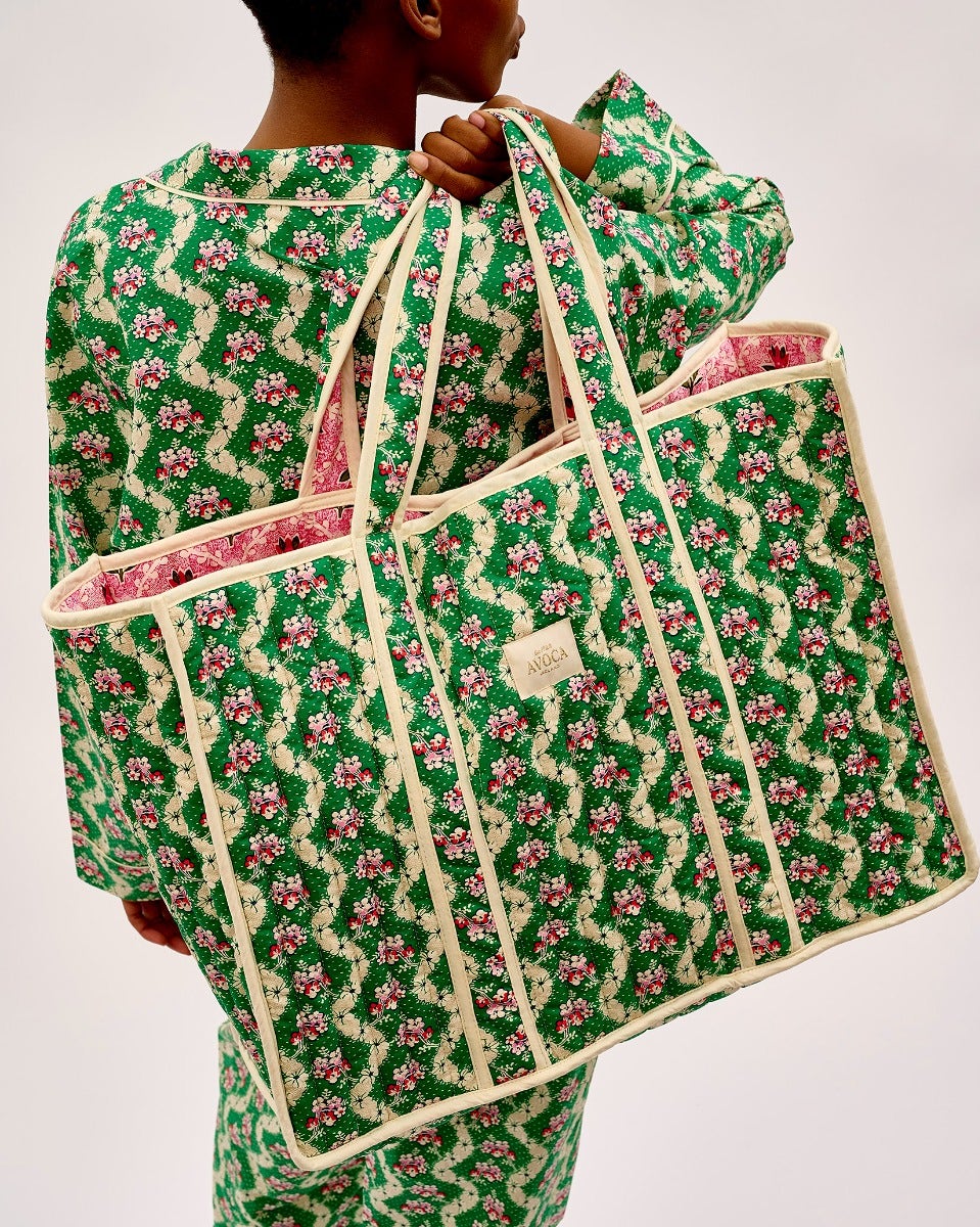 Green Wave & Pink Tulip Quilted Cotton Tote Bag