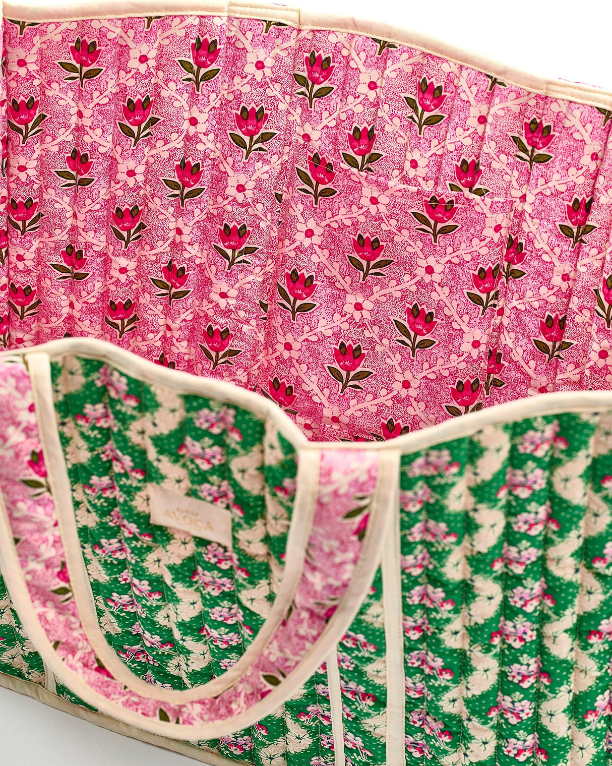 Green Wave & Pink Tulip Quilted Cotton Tote Bag