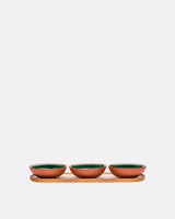 Earth-Red-Clay-Moss-Green-Glaze-Snack-Bowls-Wood-Tray-Set-of-3