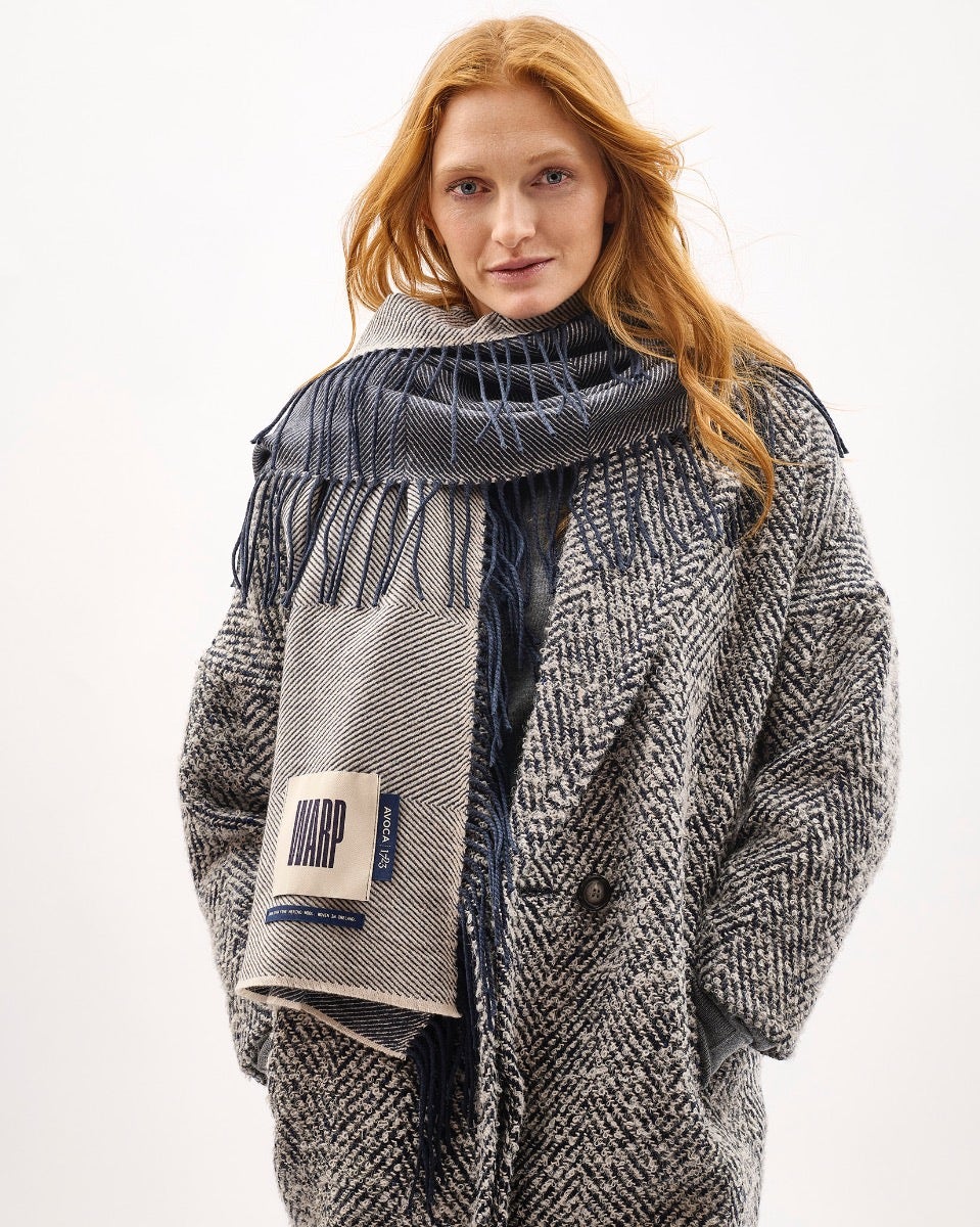 Navy & Cream Vertically Fringed Merino Scarf
