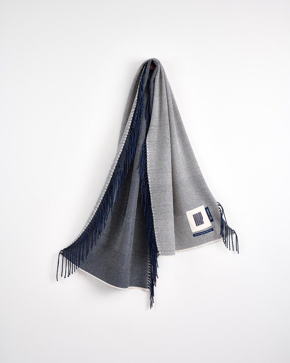 Navy & Cream Vertically Fringed Merino Scarf